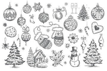 Christmas set, tree, ball, set on white, Hand drawn illustration.	
