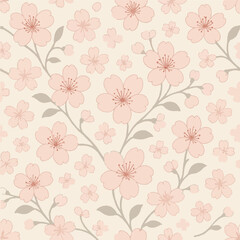 Soft pink cherry blossom flowers on a seamless background, ideal for stationery, textiles, and packaging.