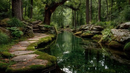 Stone Path Leading to Tranquil Forest Pond
