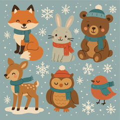 Naklejka premium Adorable woodland animals including fox, rabbit, bear, deer, owl, and bird dressed in cozy scarves and hats, surrounded by snowflakes on a frosty blue background. Perfect for winter-themed designs