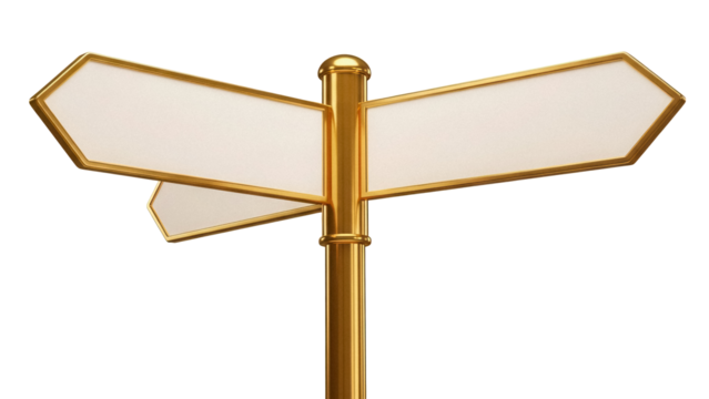 Golden direction signpost isolated PNG on transparent background, wayfinding signage with blank arrows for navigation and decision making