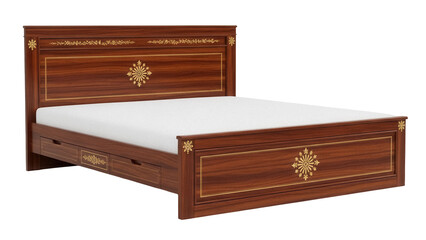 Elegant wooden bed with golden accents isolated on transparent PNG, classic bedroom furniture for interior design and home decor projects