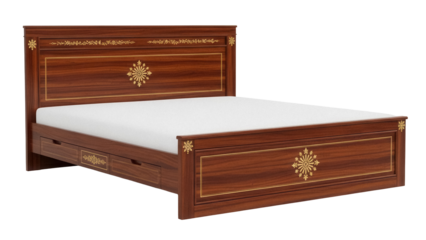 Elegant wooden bed with golden accents isolated on transparent PNG, classic bedroom furniture for interior design and home decor projects