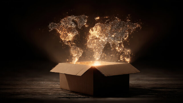 World Map Emerging from a Box, Representing Innovation and Global Concept. A conceptual image shows a world map materializing from an open box, symbolizing innovation, global reach.