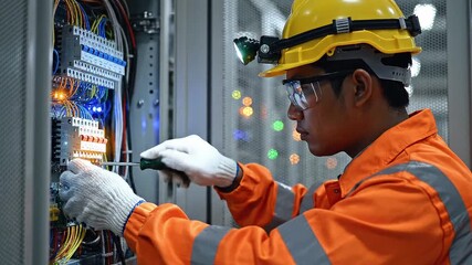 Professional electrical technician performing precise maintenance on a complex industrial control panel in a modern facility