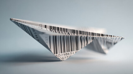 A unique paper airplane adorned with barcode pattern, a creative conceptual idea. This image captures a distinct object, representing the concept of flight, innovation and financial transaction.