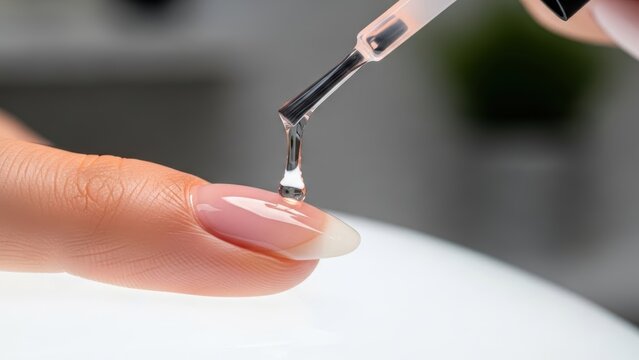 Clear top coat is applied to a womans french manicure nail. Beauty salon process, nail art, and personal care concept.