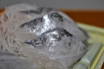 Tachiuo (hairtail) sashimi purchased at a supermarket in Tokyo, Japan