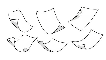 Collection of floating blank white paper sheets and falling empty pages illustration set