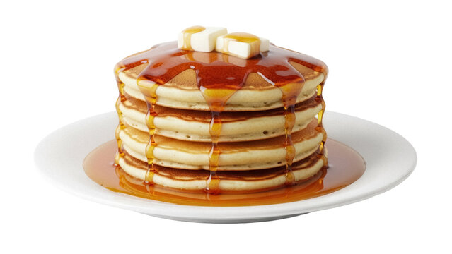 Stack of golden pancakes with butter and maple syrup isolated PNG, delicious breakfast food on transparent background