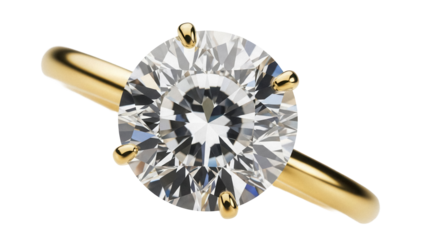 Elegant round cut diamond solitaire ring in yellow gold isolated PNG, jewelry for engagement and wedding on transparent background