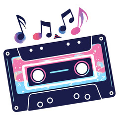 vintage cassette tape | holographic shine | floating musical notes | retro music sticker | 80s nostalgia | iridescent shimmer | bold outline | pastel glow | throwback vibes | aesthetic tape 
