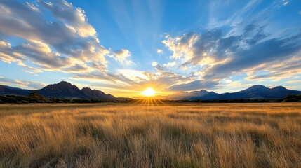 Golden grass field sunrise with mountain silhouette and dramatic sky