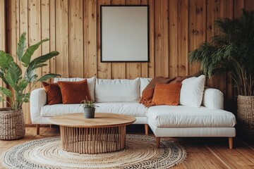 Round coffee table near white corner sofa with terra cotta cushions near paneling wall with art poster. Scandinavian home interior design of modern living room, Generative AI