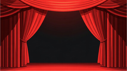 Fototapeta premium Vibrant Red Stage Curtains Opening to a Dark Spotlighted Performance Area, Evoking Theatre and Grand Entertainment