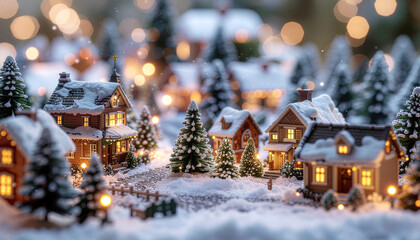 Cozy miniature Christmas village with snow covered houses, glowing windows and fir trees, soft bokeh lights in the background creating a magical winter holiday atmosphere at night.