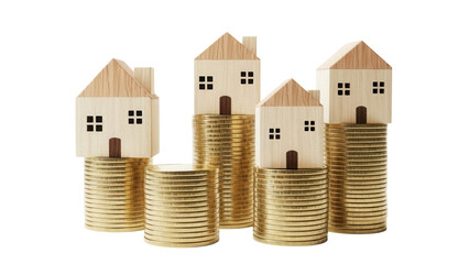 Wooden toy houses on stacks of gold coins isolated PNG, concept for real estate investment and property value growth on transparent background