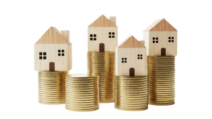 Wooden toy houses on stacks of gold coins isolated PNG, concept for real estate investment and property value growth on transparent background