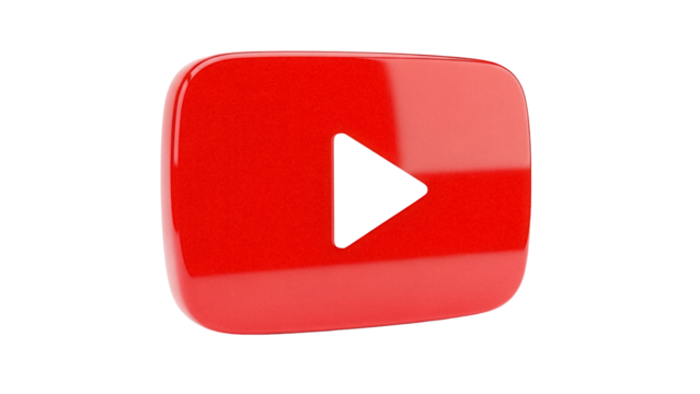 Red YouTube play button PNG isolated on transparent background, social media icon for video content and streaming platforms