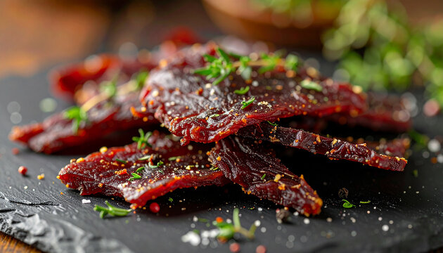 Smoked beef jerky sprinkled with fresh herbs, tasty food, savory snack, delicious and appetizing