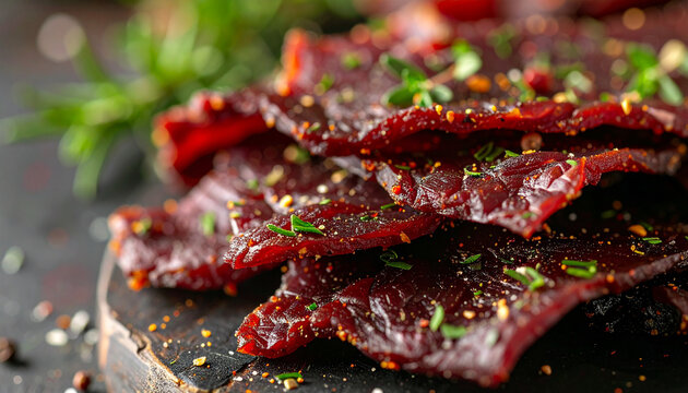 Smoked beef jerky sprinkled with fresh herbs, tasty food, savory snack, delicious and appetizing
