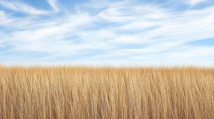 Fototapeta premium Golden grass field blue sky serene horizon with wispy clouds evoking calm