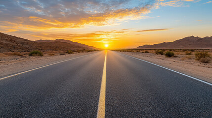 Naklejka premium Endless highway sunset desert road horizon glowing sky