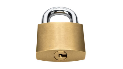 Brass padlock PNG isolated on transparent background, security lock for safety and protection, golden metal lock with shackle and keyhole
