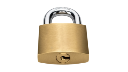 Brass padlock PNG isolated on transparent background, security lock for safety and protection, golden metal lock with shackle and keyhole