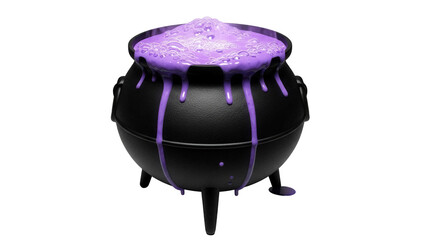 Black cauldron with purple bubbling potion isolated PNG, Halloween witch brew for spooky party decorations on transparent background