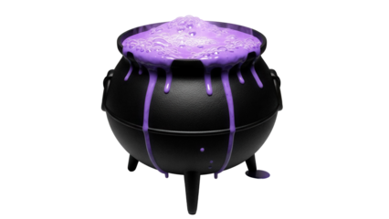 Black cauldron with purple bubbling potion isolated PNG, Halloween witch brew for spooky party decorations on transparent background