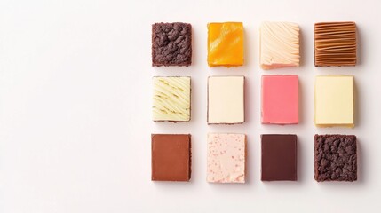 Fototapeta premium Assorted dessert bars arranged in a symmetric pattern on white