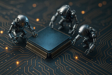 Miniaturroboter arbeiten an Mikrochip