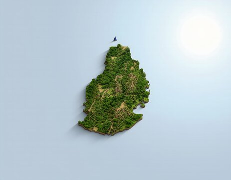 3D rendering of a lush green island, possibly Mauritius, with a small flag under a bright sun in a light blue setting.