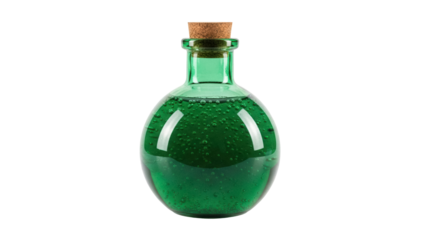 Green potion bottle with cork isolated PNG, magical elixir in glass flask for fantasy game or Halloween design on transparent background