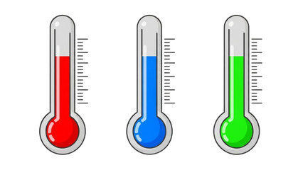 Illustrative group of three distinct colorful temperature gauges displaying different measurement levels