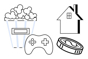 Entertainment, gaming, leisure, home life, movie nights, digital currency. Popcorn bucket, game controller house symbol and coin in a minimalist black-and-white design. Entertainment and gaming