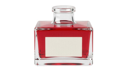 Square glass bottle with red liquid isolated PNG, vintage style decanter for perfume or essential oils on transparent background