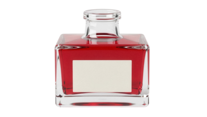 Square glass bottle with red liquid isolated PNG, vintage style decanter for perfume or essential oils on transparent background