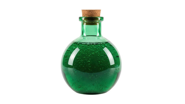 Green potion bottle with cork isolated PNG, magical elixir in glass flask for fantasy game or Halloween design on transparent background
