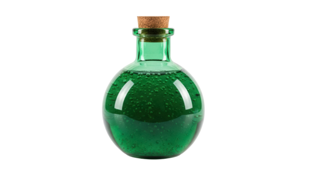 Green potion bottle with cork isolated PNG, magical elixir in glass flask for fantasy game or Halloween design on transparent background