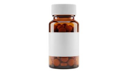 Amber medicine bottle with brown pills isolated PNG, pharmaceutical container on transparent background for healthcare and medical use