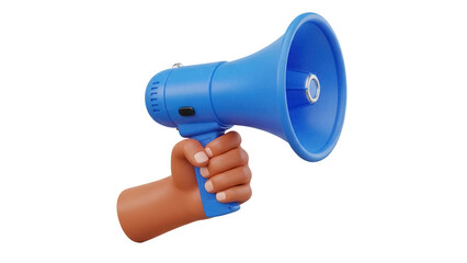 Blue megaphone in hand isolated PNG, public address system for announcements and communication on transparent background