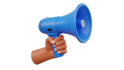 Blue megaphone in hand isolated PNG, public address system for announcements and communication on transparent background