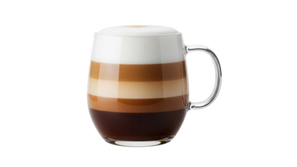 Layered latte macchiato in glass mug isolated PNG, delicious coffee drink with milk and foam on transparent background