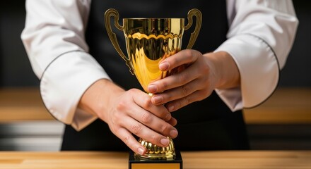 Close-up of a person's hands carefully holding a gleaming golden trophy award, symbolizing success and victory.