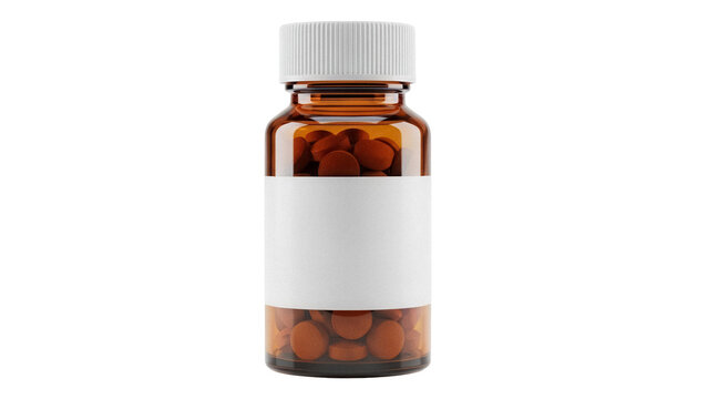 Amber medicine bottle with brown pills isolated PNG, pharmaceutical container on transparent background for healthcare and medical use