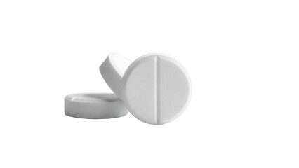 Three round white pills isolated PNG, medication tablets for healthcare and pharmaceutical use on transparent background