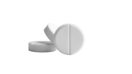Three round white pills isolated PNG, medication tablets for healthcare and pharmaceutical use on transparent background