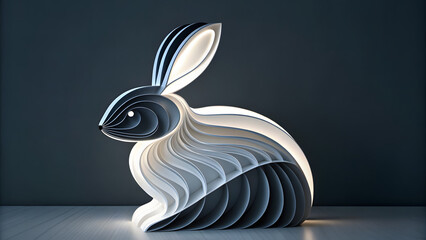 Modern illuminated geometric rabbit sculpture with layered abstract design in minimalist setting